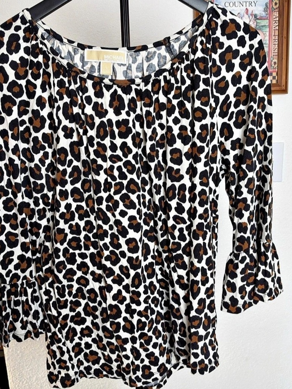Michael Kors Leopard Print Ruffle Bell Sleeve Blouse White & Brown Large
